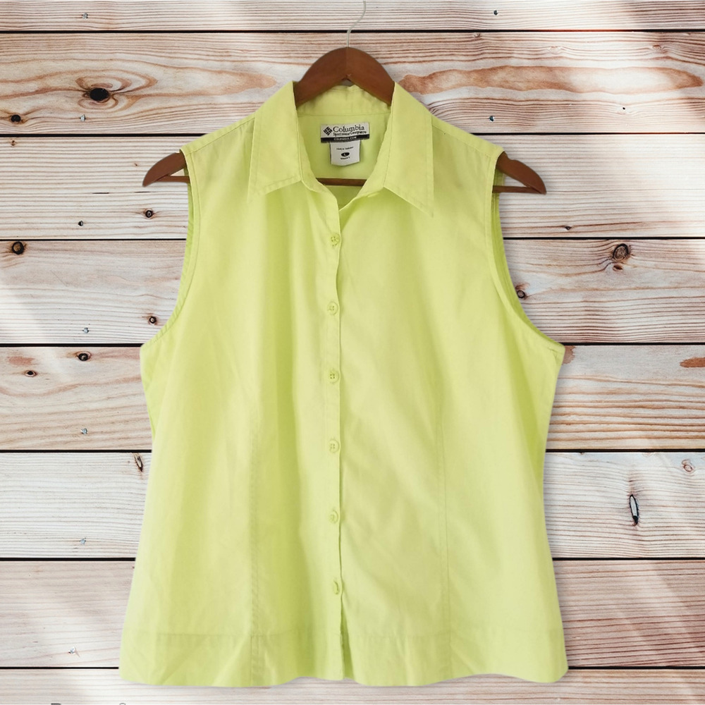 COLUMBIA Sleeveless Button Up Neon Green Top, 100% Cotton - Size L